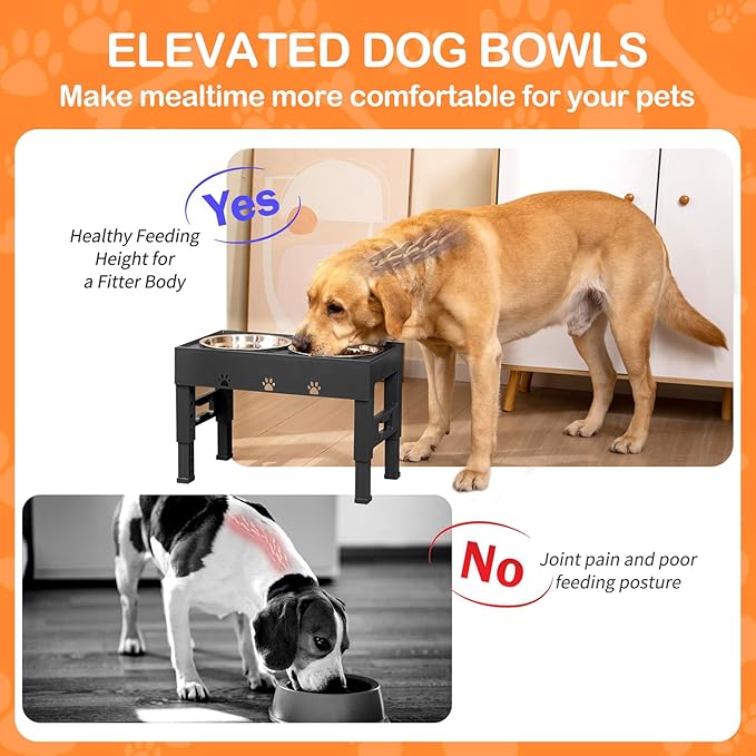 LAKIPETN Elevated Dog Bowls with 2 Stainless Steel Bowls, Raised Dog Food Bowl Stand 5 Height Adjustable (3.1", 9", 10", 11", 12") Non-Slip Feeder Station Set for Medium and Large Dogs - Black