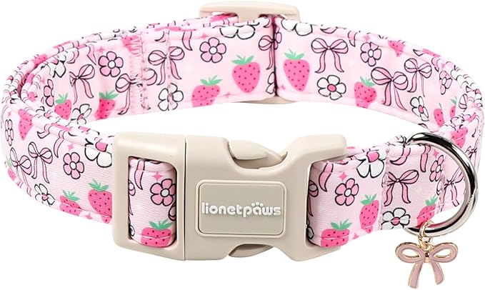Lionet Paws Spring Dog Collar- Cute Strawberry Pink Dogs Collar with Plastic Buckle and Bowtie Pendant,Dog Collar for Small Medium Dogs