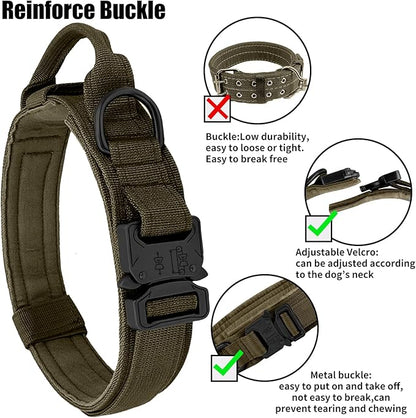 Tactical Military Dog Collar - Adjustable Heavy Duty Metal Buckle Nylon Collar with Control Handle for Small to Large Dogs (Green, L)