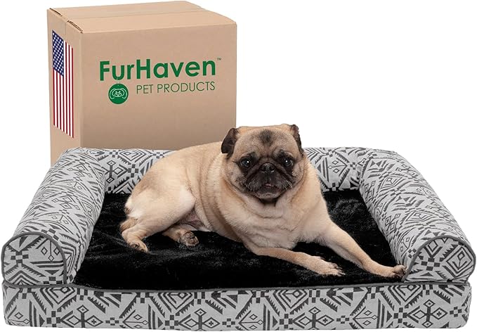 FurHaven Soft, Orthopedic Foam Sofa Dog Bed with Washable & Removable Cover - Plush/Woven - Boulder Gray, Dogs Up to 35 lbs - Medium