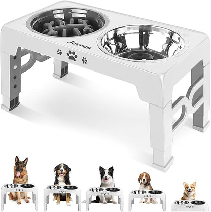 Elevated Dog Bowls, Dog Feeder with 1*Stainless Steel Dishes & 1*Slow Feeder Bowl, 5 Heights Adjustable Raised Stand for Medium Large, Food Dishes with Non-Slip Feet