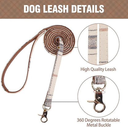 KOOLTAIL Small Dog Collar and Leash Set with Bowtie and Bells - Cute Shirt Style Puppy Bandana Collar and Leash for Male with Classic Plaid Pattern,Soft Leather Leashes for Small Dogs Boys Girls,Beige
