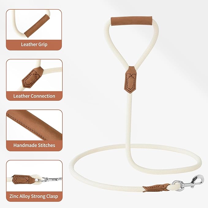 Mile High Life Leather Dog Leash, Heavy Duty Strong Genuine Leather Handle Rope Leash Soft and Comfortable for Small Medium Large Dogs (Cream White, 72 Inch)