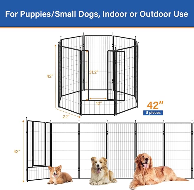 PETREEK Dog Playpen 42 inch 8 Panels for Indoor & Outdoor Use – Heavy-Duty Metal Pet Fence with Ground Stakes, Rounded Ball Tops for Safety, Stable & Foldable Design, Easy to Assemble