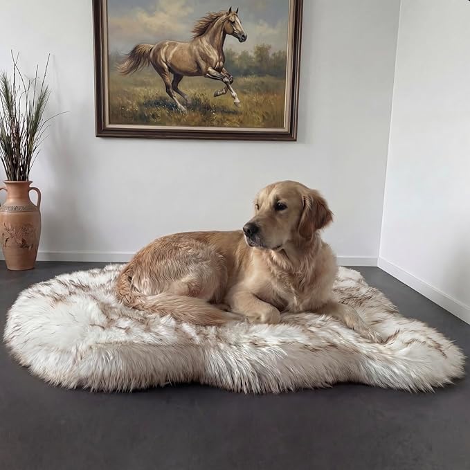 IHAPPYDOG Luxury Faux Fur Orthopedic Dog Bed, Memory Foam Dog Bed for Small, Medium, Large and XL Pets, Fluffy Pet Bed with Waterproof and Washable Cover (White w/Brown Tips, 50"x30")