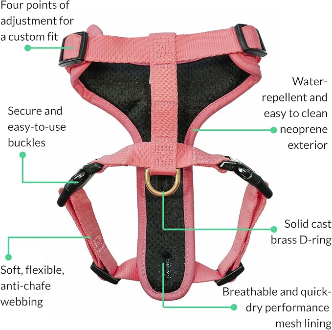 DJANGO Adventure Dog Harness - Stylish, and Durable Small Dog Harness for Outdoor Adventures and Everyday Wear - Quartz Pink Neoprene Adjustable Harness for Dogs with Reflective Piping, Brass D-Ring