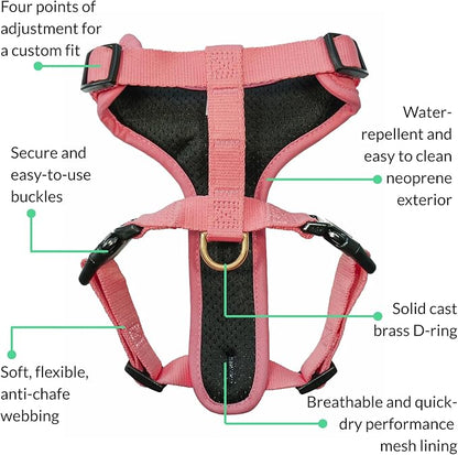 DJANGO Adventure Dog Harness - Stylish, and Durable Large Dog Harness for Outdoor Adventures and Everyday Wear - Quartz Pink Neoprene Adjustable Harness for Dogs with Reflective Piping, Brass D-Ring