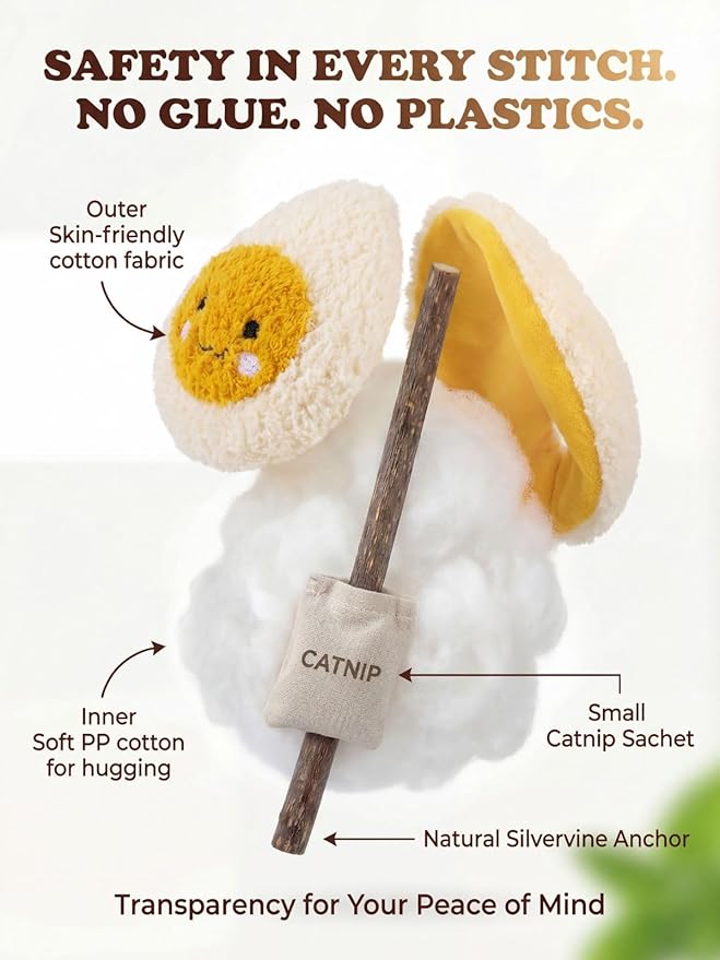 Petelligent Durable and lnteractive Cat Teething Stick Toys: Chewing Stick, Grinding Teeth Rod, and chewable Cat Doll for Your Pet's Entertainment (Egg Whites)
