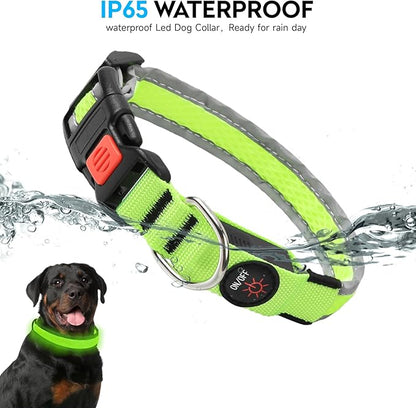 LED Dog Collar, Light Up Dog Collar USB Rechargeable, Nylon Adjustable Comfortable Soft Bright RGB 7 Colors Changeing Safety Light Glowing Collar for Medium and Large Dogs(Large,Green)