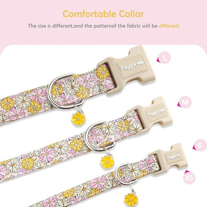 Faygarsle Floral Girl Dog Collar, Cotton Fabric with Daisies Pattern, Pink and Yellow Summer Spring Design for Small Medium Large Dogs M