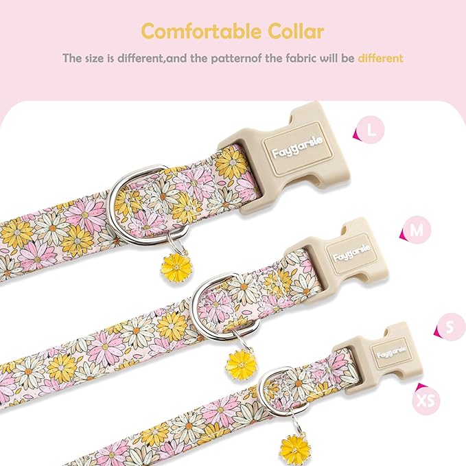 Faygarsle Floral Girl Dog Collar, Cotton Fabric with Daisies Pattern, Pink and Yellow Summer Spring Design for Small Medium Large Dogs XS