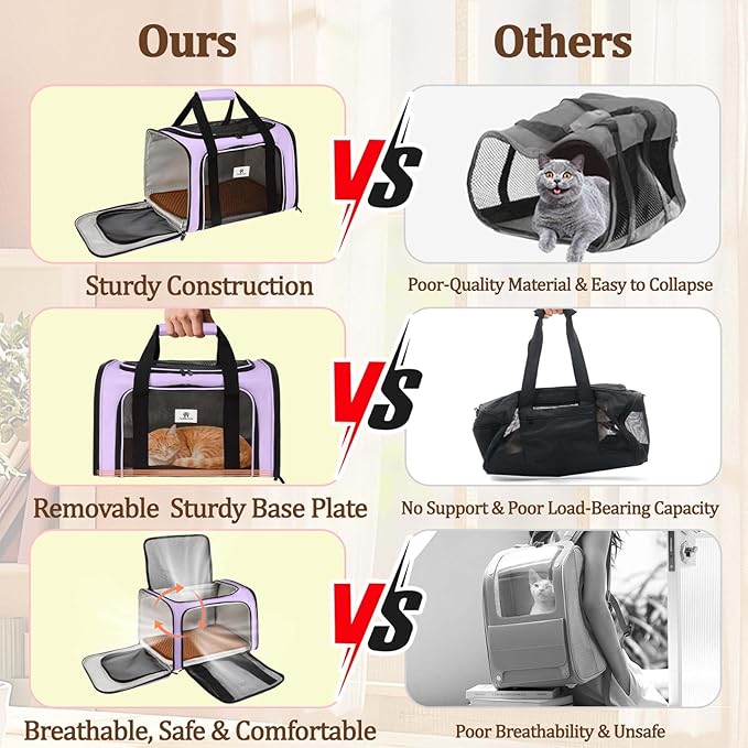 DSDCDJ Cat Carrier Dog Carrier - Soft-Sided Cat Carrier with Plush Pad & Cooling Mat, Easy-Load 4-Side Zipper & 3-Side Mesh Ventilation, Pet Carrier Airline Approved for Cats/Dogs Up to 20 lbs, Purple