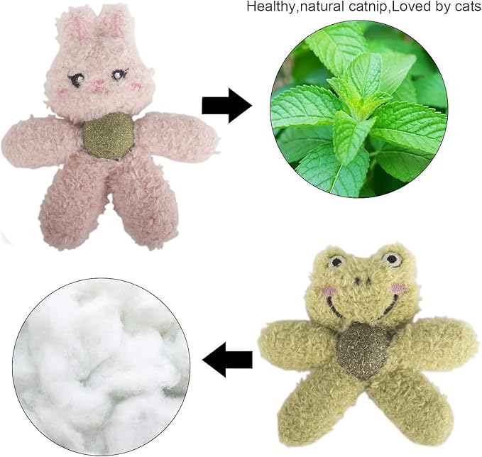 Gavpepy Cat Toys with Catnip Kitten Chew Bite Supplies Boredom Relief Fluffy Kitty Teeth Cleaning Chewing Cat Lovers Interactive Plush Gift (Rabbit&Panda)