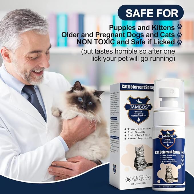 JAMBOS Cat Deterrent Spray - Safe Indoor & Outdoor Deterrent for Furniture Protection, Effective Training Aid with Natural Ingredients - Non-Toxic Anti-Scratch Formula (Blue, M)