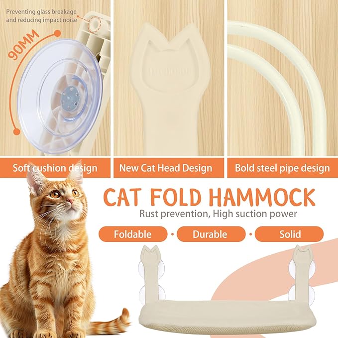 2 Pack Cat Window Perch,Cat Window Hammock Cordless Foldable Window Bed with 4 Large Strong Suction Cup,Reversible Cushion Cover,Metal Frame Easy to Adjust Window Seat Holds up to 40lbs(Beige，M