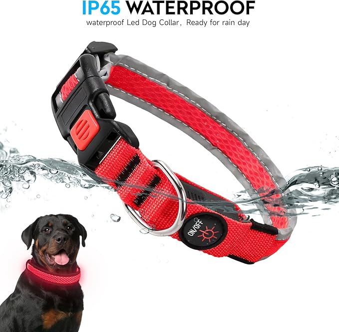 LED Dog Collar, Light Up Dog Collar USB Rechargeable, Nylon Adjustable Comfortable Soft Bright RGB 7 Colors Changeing Safety Light Glowing Collar for Medium and Large Dogs(Medium,Red)
