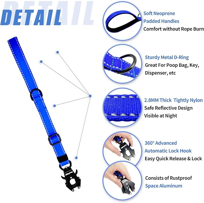 Strong Heavy Duty Dog Leash - Adjustable 15"-18" Reflective Nylon Training Leash with Padded Handle & Frog Clip, Traffic Control for Large Medium Dogs No Pull Walking Dark Blue