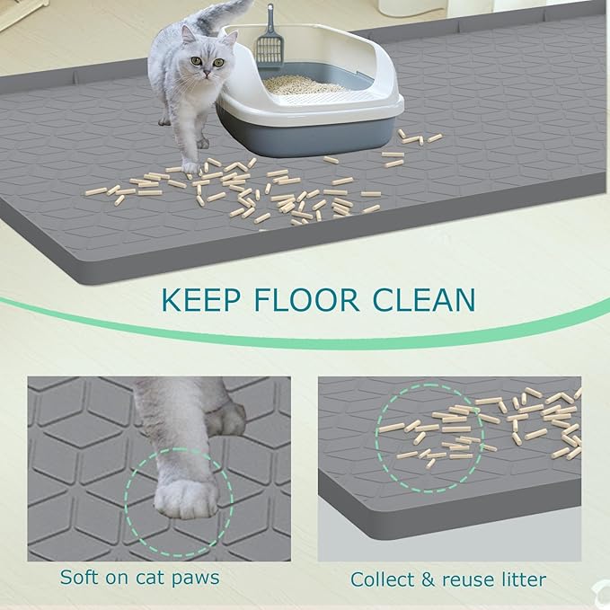 Jacooxi Cat Litter Mat for Litter Box, Silicone Large Cat Litter Trapping Mat - 34x22 in, Waterproof & Non-Slip, Durable & Easy Clean, Gray