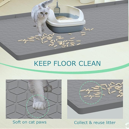 Jacooxi Cat Litter Mat for Litter Box, Silicone Large Cat Litter Trapping Mat - 34x22 in, Waterproof & Non-Slip, Durable & Easy Clean, Gray