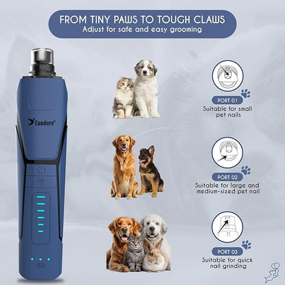 Candure Dog Nail Grinder Upto 6-Speed Dog Nail Trimmer for Large, Medium, Small Dogs, Cats & Pets - Low Noise Rechargeable Dog Claw Grinder with 360° LED Lights & Extra Grinder Head