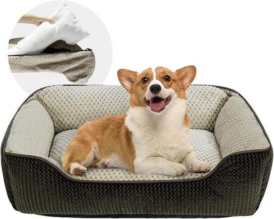 Miguel Removable Washable Dog Bed for Medium Dog Easy Clean - Rectangle Pet Bed for Large Cats with Zipper Cover Bolster Cuddle Puppy Bed with Supportive Side Wall Slip-Resistant Bottom, Brown 30 Inch