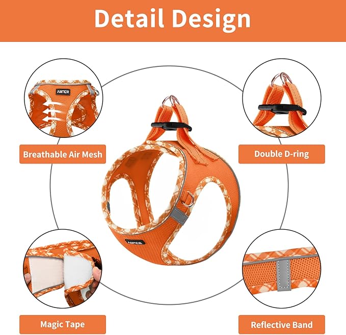 AMTOR Small Dog Harness with Leash Set, No Escape Easy Walk Puppy Harnesses for Training Walking, Step-in Reflective Soft Dogs Vest for XS S Medium Extra-Small Large Sized Dog(S Size,Orange/White)