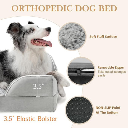 Comfort Expression Orthopedic Dog Bed for Small Dogs 20x14 Inch, Waterproof Egg Crate Foam Small Pet Bed with Removable Bolsters, Dog Couch with Washable Cover & Non-Slip Bottom, Grey White