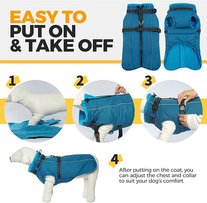 Lelepet Waterproof Dog Jacket with Harness Built in Warm Dog Winter Coat, Reflective Windproof Fleece Jacket, Dogs Coats for Lage Dogs, Thermal Pet Snowsuit for Cold Weather, French Bulldogs, Blue, L