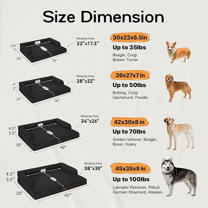 Orthopedic Bolster Dog Bed for Large Dogs – Memory Foam Cushion, Calming Support Design, Removable Washable Waterproof Cover, Non-Slip Bottom, Cozy Sleeping Space for Pets