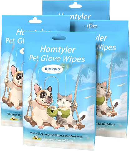 Dog Wipes & Cleaning Gloves 2-in-1 for Dogs and Cats, Extra-Thick Pet Wipes with Coconut Oil for Lick-Safe Paws, Eyes, Ears & Body, Rinse-Free Waterless Bath for Deodorizing&Cleansing, 24 PCS