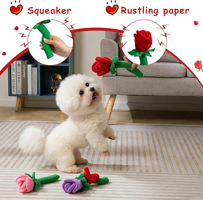 Hollypet Soft Squeaky Dog Toys, Plush No - Mess Chew Toys for Small and Medium Dogs and Non-Aggressive Chews, Puppy Teeth Cleaning Chew Toys, Roses