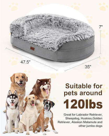 iweepet Dog Beds for Jumbo Dogs, 47.5"x35"x7.6", Removable and Washable Cover, Raised Reboundable Edges, Non Slip Bottom, Extra Big Size, Orthopedic Oval Memory Foam Pet Bedding, Indoor