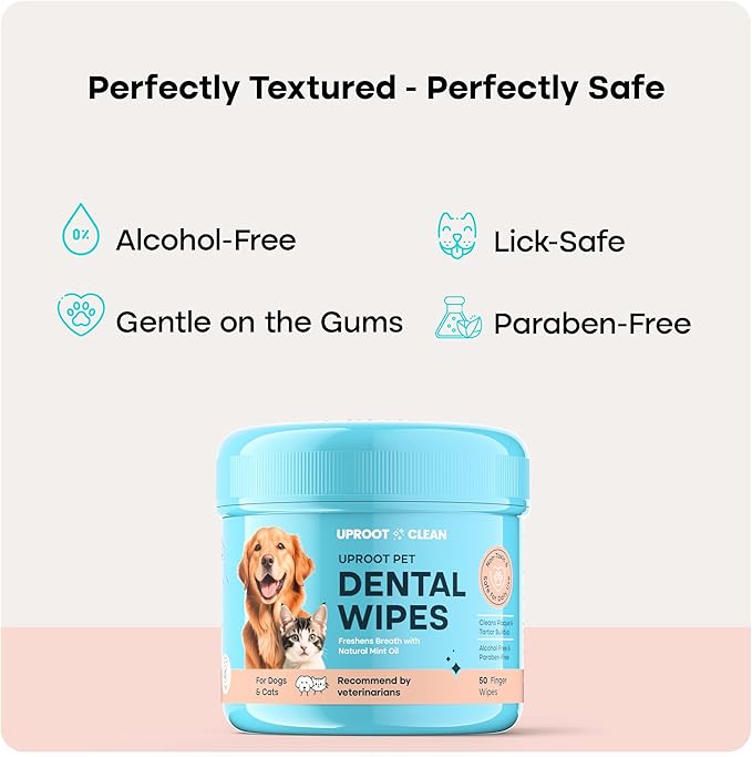 Uproot Clean Pet Dental Finger Wipes for Dogs & Cats (50ct.): Easy & Effective Cat and Dog Teeth Cleaning Wipes - Dog Dental Tissues for Plaque, Tartar, & Bad Breath - Safe, Rinse-Free, Disposable