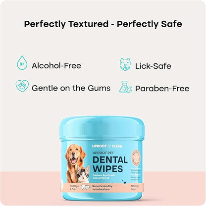 Uproot Clean Pet Dental Finger Wipes for Dogs & Cats (50ct.): Easy & Effective Cat and Dog Teeth Cleaning Wipes - Dog Dental Tissues for Plaque, Tartar, & Bad Breath - Safe, Rinse-Free, Disposable