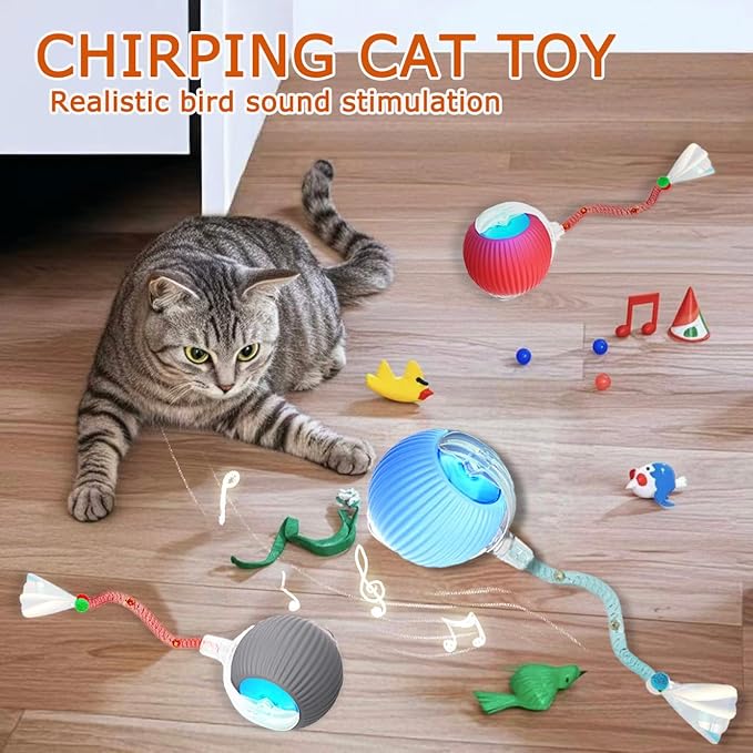 2PCS Interactive Cat Toys for Indoor Cats,New Generation Interactive Cat Ball Toy with Elastic Mesh Tail,Automatic Cat/Kitten Toys with Chirping & Motion Activate,Cat Toys for Bored Indoor,Red & Gray