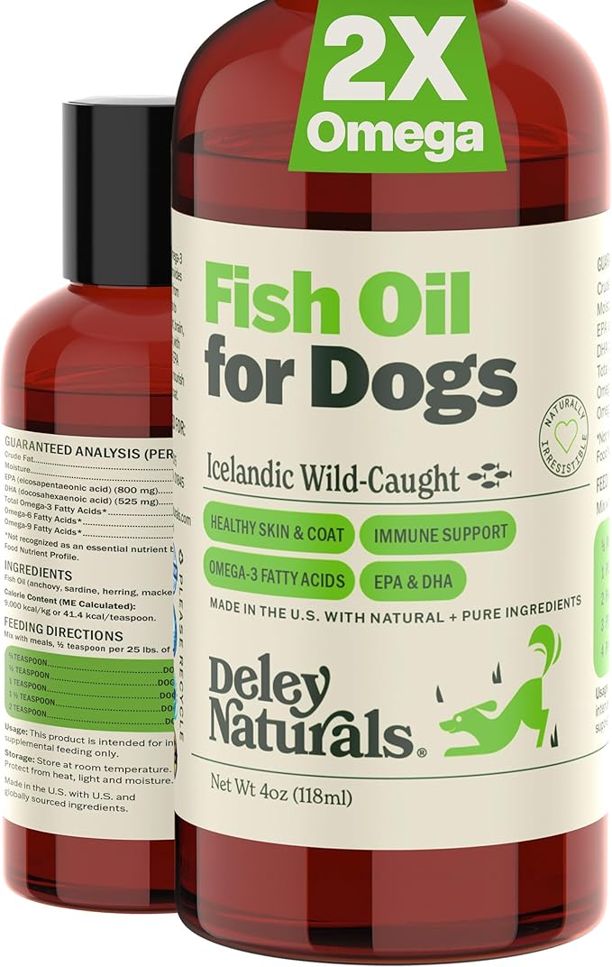 Deley Naturals Dog Fish Oil Icelandic 2X Omega - Dog Itching Skin Relief with Omega 3 6 9 for Allergies, Coat & Heart - Omega 3 Fish Oil for Dogs Skin Irritation - 4oz Omega Oil for Dogs Made in USA