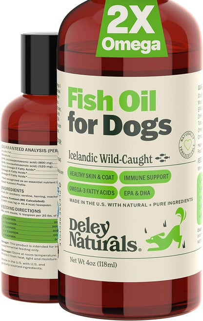 Deley Naturals Dog Fish Oil Icelandic 2X Omega - Dog Itching Skin Relief with Omega 3 6 9 for Allergies, Coat & Heart - Omega 3 Fish Oil for Dogs Skin Irritation - 4oz Omega Oil for Dogs Made in USA
