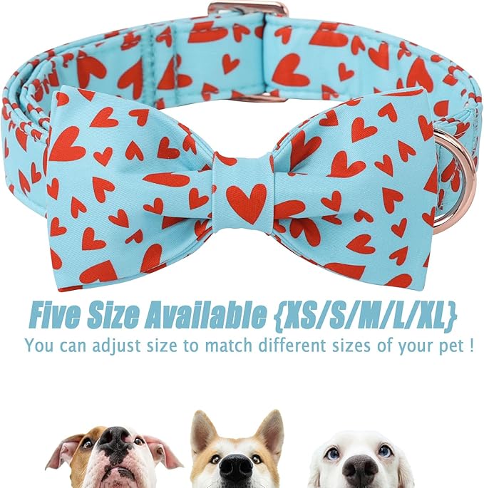 Valentines Dog Collar with Bow Tie - Red Heart Pattern Blue Bowtie Dog Collar Adjustable Heavy Duty Valentines Dog Collars for Small Medium Large Dogs S