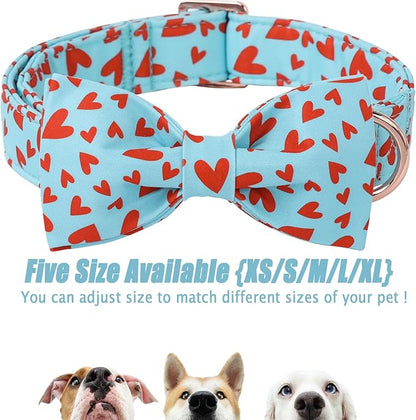Valentines Dog Collar with Bow Tie - Red Heart Pattern Blue Bowtie Dog Collar Adjustable Heavy Duty Valentines Dog Collars for Small Medium Large Dogs S