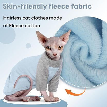 T'CHAQUE Sphynx Cat Clothes, Soft Fleece Winter Sweaters for Hairless Cats, Warm Pajama Jumpsuit with Sleeves and Hoodie, Cozy Pullover Outfit for Kittens