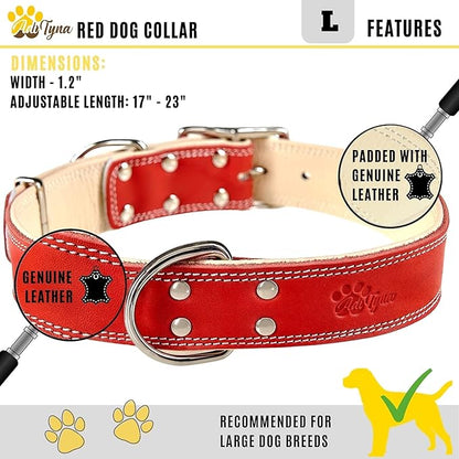 ADITYNA Heavy-Duty Leather Dog Collar for Large Dogs - Soft Padded for Comfort - Red Dog Collar for Walking, Training, and Hiking