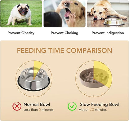 Ceramic 3.2 Cup Dog Bowl Slow Feeder, 9.5 inch Slow Pet Food Dish for Large Dog, Stop Bloat, Preventing Choking(Single Bowl, Brown Coffee)
