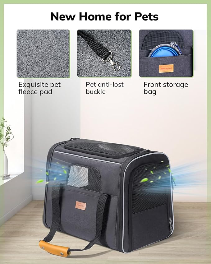 Morpilot Pet Travel Carrier Bag, Soft-Sided Dog Carrier Cat Carrier Pet Carrier, for Large Cats and Medium Puppies up to 25lbs, with Locking Safety Zippers, Foldable Bowl (Dark Gray)