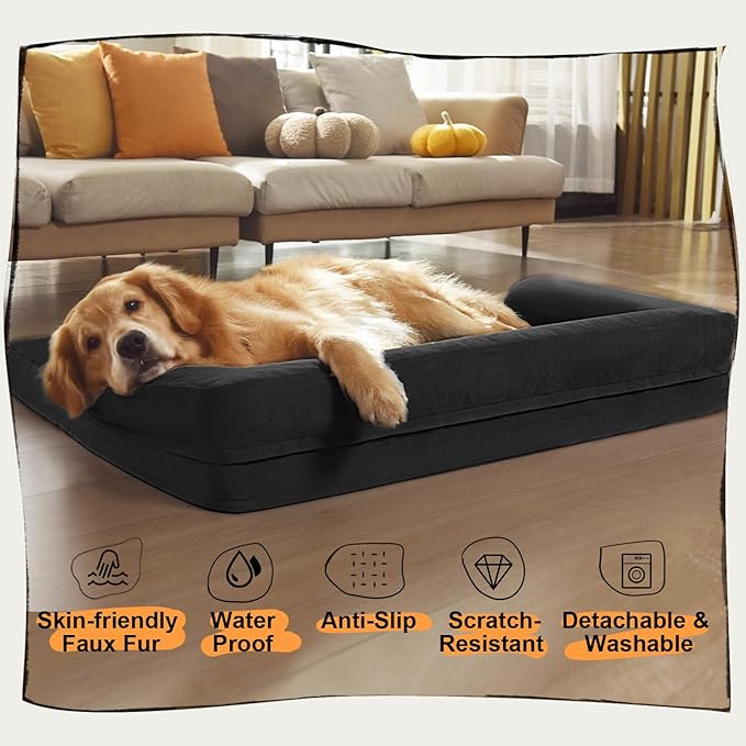 Large Orthopedic Dog Bed with Bolster – Washable Waterproof Cover, Non-Slip Bottom, Egg Crate Foam Cushion for Joint and Hip Support, Comfortable Pet Bed for Large Dogs