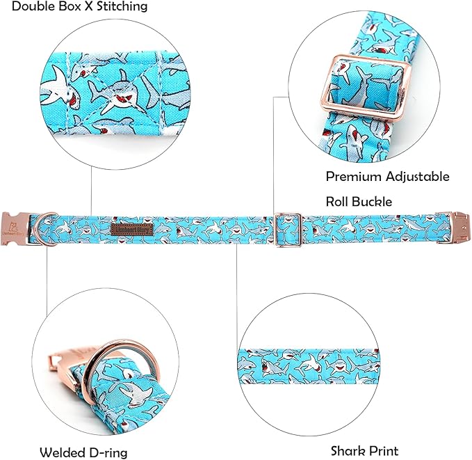 Lionheart glory Blue Dog Collar Shark Print Dog Collar for Large Dogs Soft Durable Adjustable Dog Collars Boy Pet Gift