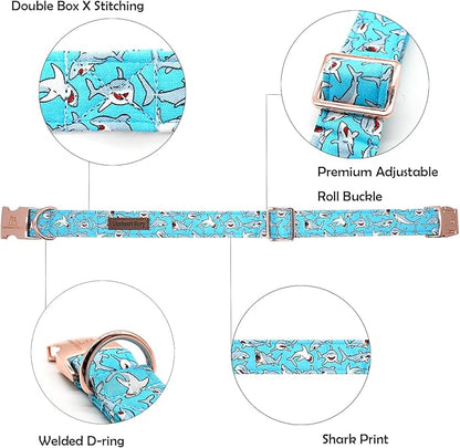 Lionheart glory Blue Dog Collar Shark Print Dog Collar for Medium Dogs Soft Durable Adjustable Dog Collars Boy Pet Gift