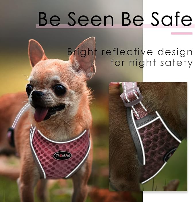 ThinkPet Reflective Breathable Soft Air Mesh No Pull Puppy Choke Free Over Head Vest Harness for Puppy Small Medium Dogs and Cats Pink Medium