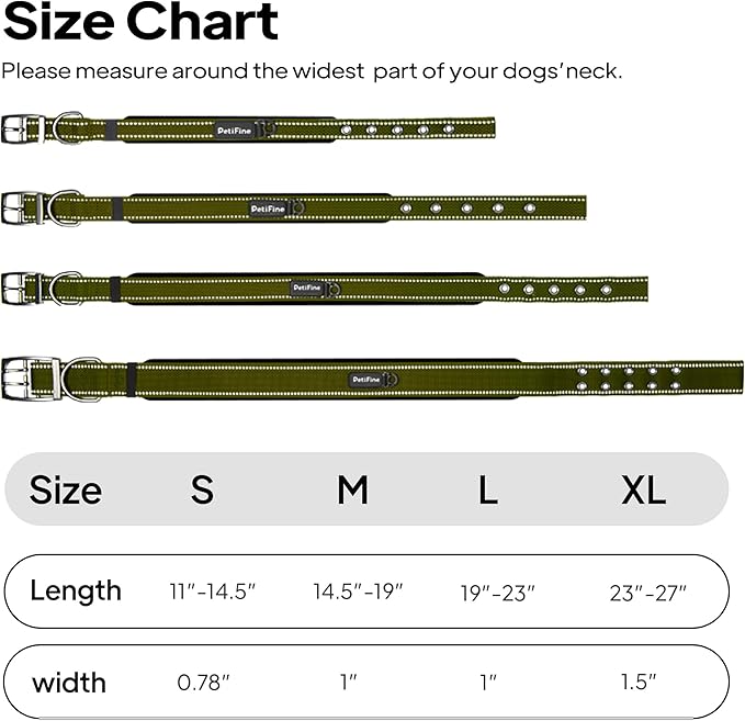 PetiFine Dog Collars for Small Dogs, Neoprene Padded Dog Collar, Reflective Heavy Duty Pet Collars with Durable Metal Belt Buckle for Walking, Green, S