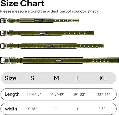 PetiFine Dog Collar for Large Dogs, Neoprene Padded and Adjustable, Reflective Wide Heavy Duty Pet Collars with Durable Metal Belt Buckle for Walking, Green, L