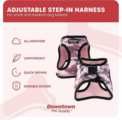 Downtown Pet Supply Step-in Dog Harness – No Pull, Adjustable Padded Mesh with Reflective Trim, Secure Buckle Strap – Comfortable & Breathable Small Dog Harness, Medium, Pink Camo